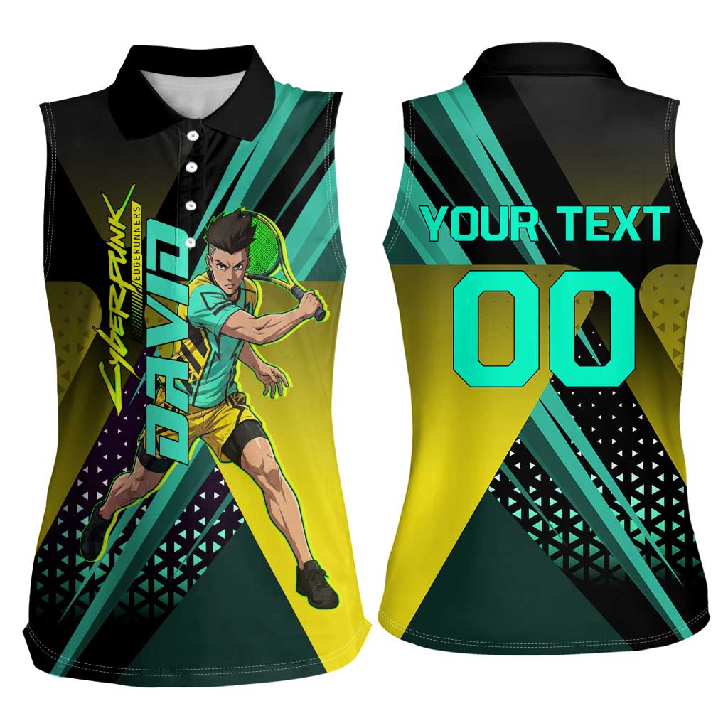 Personalized David Tennis Design Women Sleeveless Polo Shirt with a Cyberpunk Theme, Edgerunners Features Neon Green and Yellow Styling and a Powerful Pose