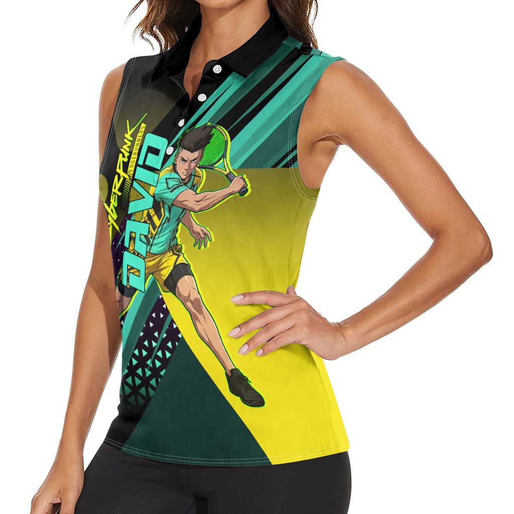 Personalized David Tennis Design Women Sleeveless Polo Shirt with a Cyberpunk Theme, Edgerunners Features Neon Green and Yellow Styling and a Powerful Pose