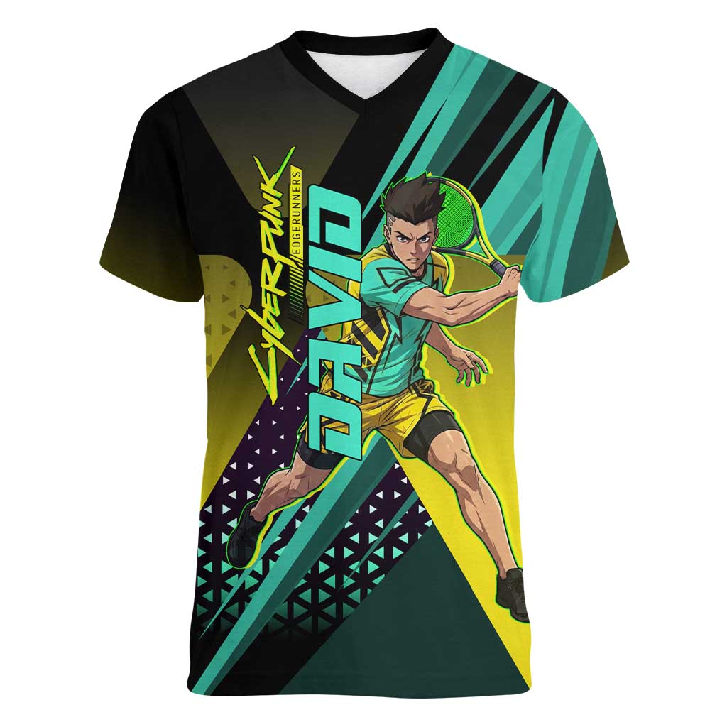 Personalized David Tennis Design Women V-Neck T-Shirt with a Cyberpunk Theme, Edgerunners Features Neon Green and Yellow Styling and a Powerful Pose