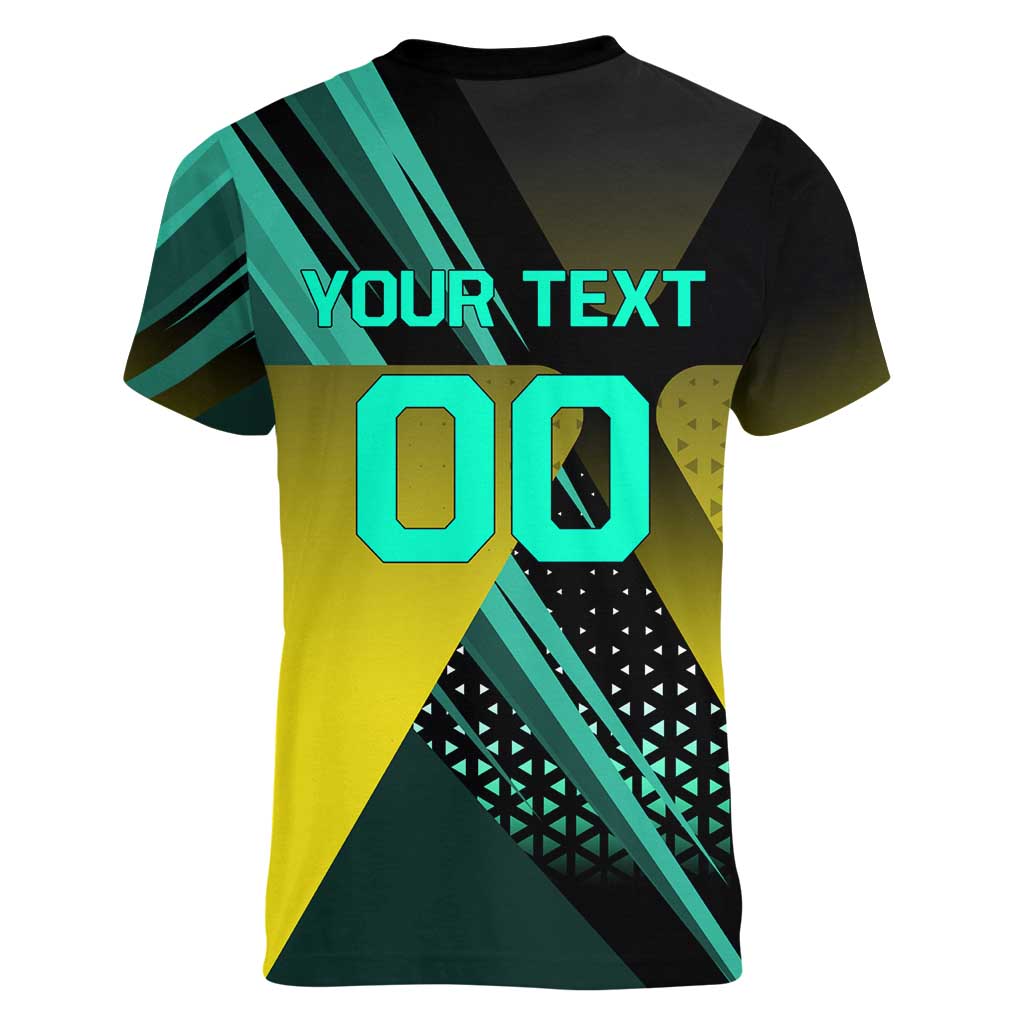 Personalized David Tennis Design Women V-Neck T-Shirt with a Cyberpunk Theme, Edgerunners Features Neon Green and Yellow Styling and a Powerful Pose