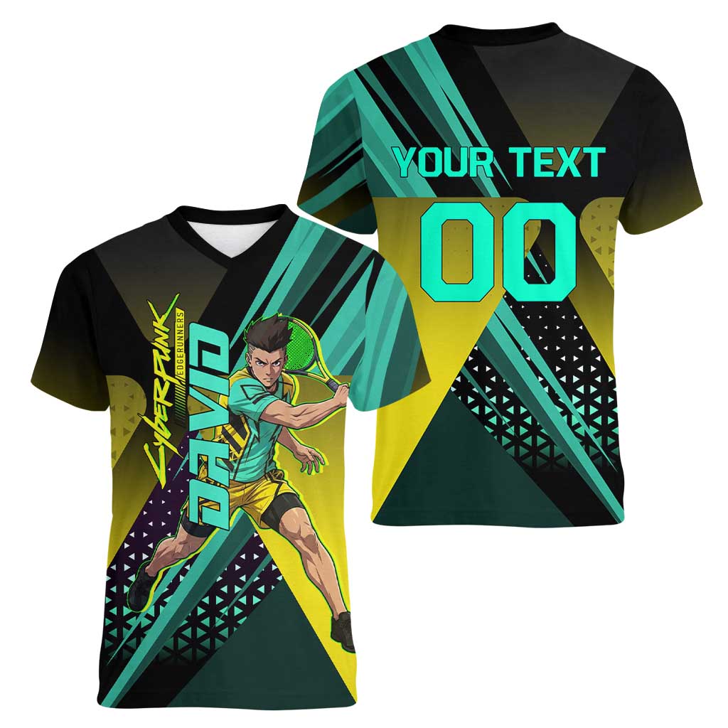 Personalized David Tennis Design Women V-Neck T-Shirt with a Cyberpunk Theme, Edgerunners Features Neon Green and Yellow Styling and a Powerful Pose