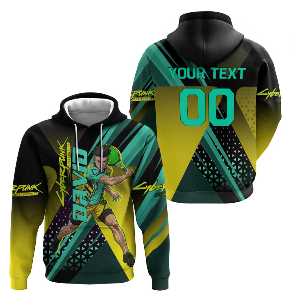 Personalized David Tennis Design Zip Hoodie with a Cyberpunk Theme, Edgerunners Features Neon Green and Yellow Styling and a Powerful Pose