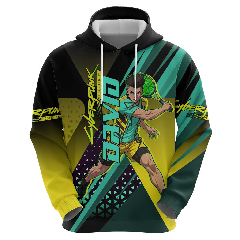 Personalized David Tennis Design Zip Hoodie with a Cyberpunk Theme, Edgerunners Features Neon Green and Yellow Styling and a Powerful Pose