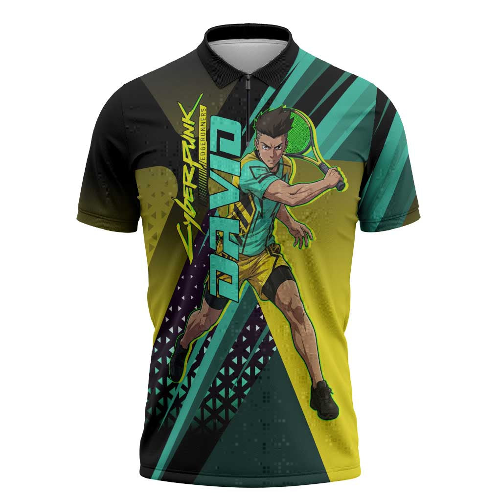 Personalized David Tennis Design Zipper Polo Shirt with a Cyberpunk Theme, Edgerunners Features Neon Green and Yellow Styling and a Powerful Pose