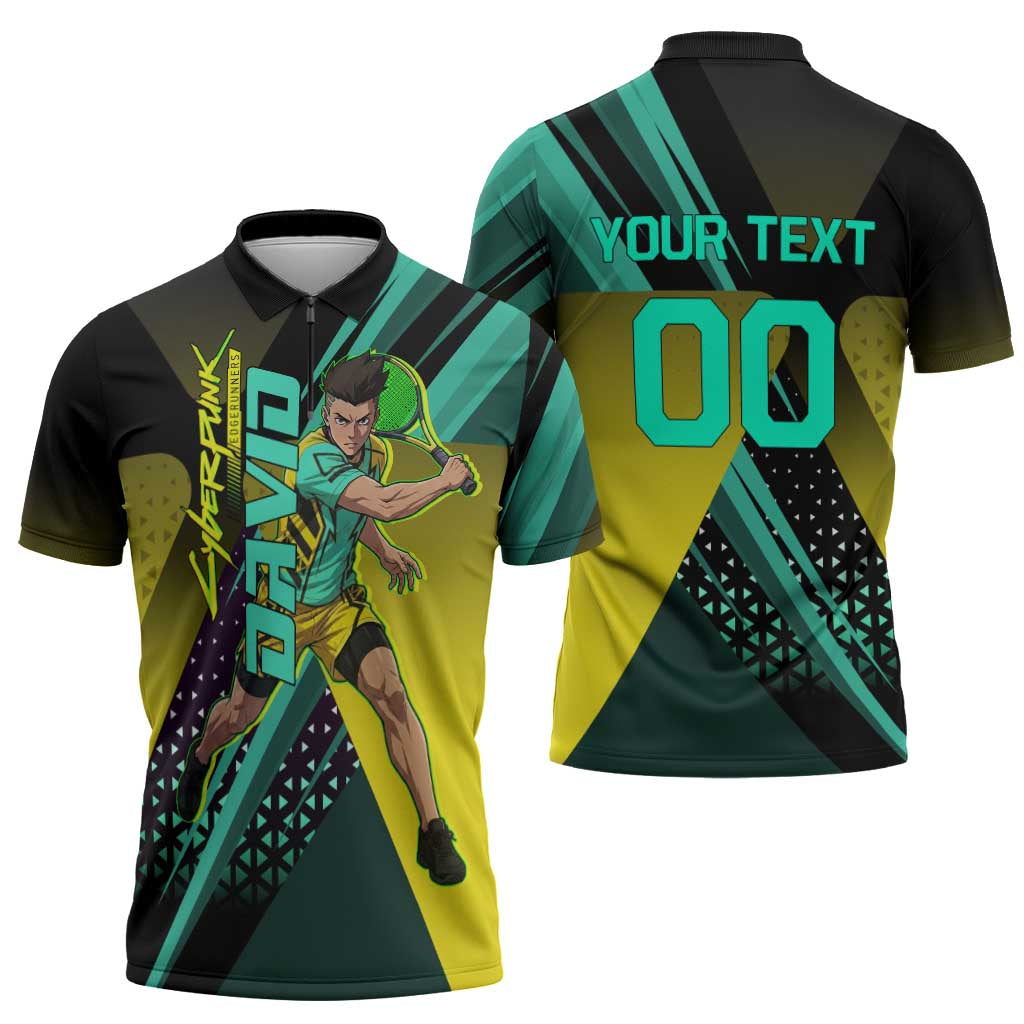 Personalized David Tennis Design Zipper Polo Shirt with a Cyberpunk Theme, Edgerunners Features Neon Green and Yellow Styling and a Powerful Pose