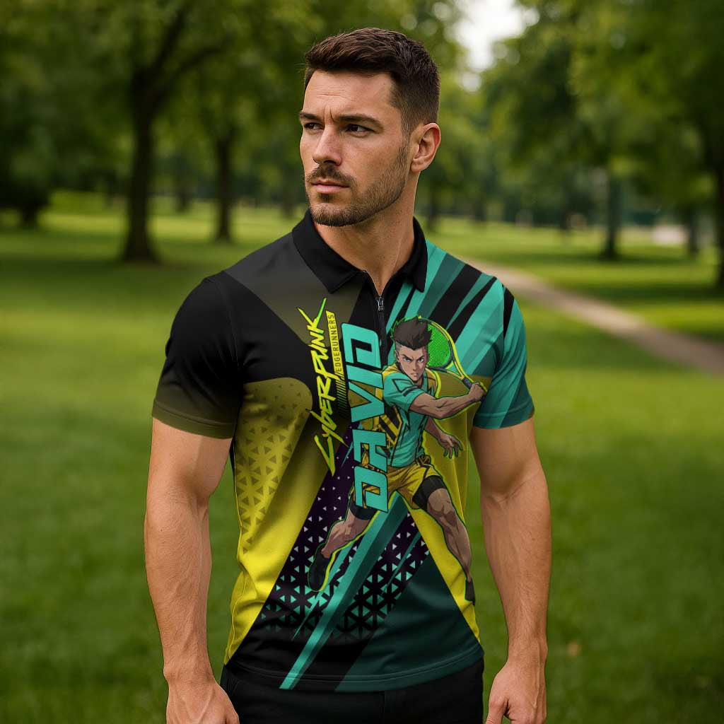 Personalized David Tennis Design Zipper Polo Shirt with a Cyberpunk Theme, Edgerunners Features Neon Green and Yellow Styling and a Powerful Pose