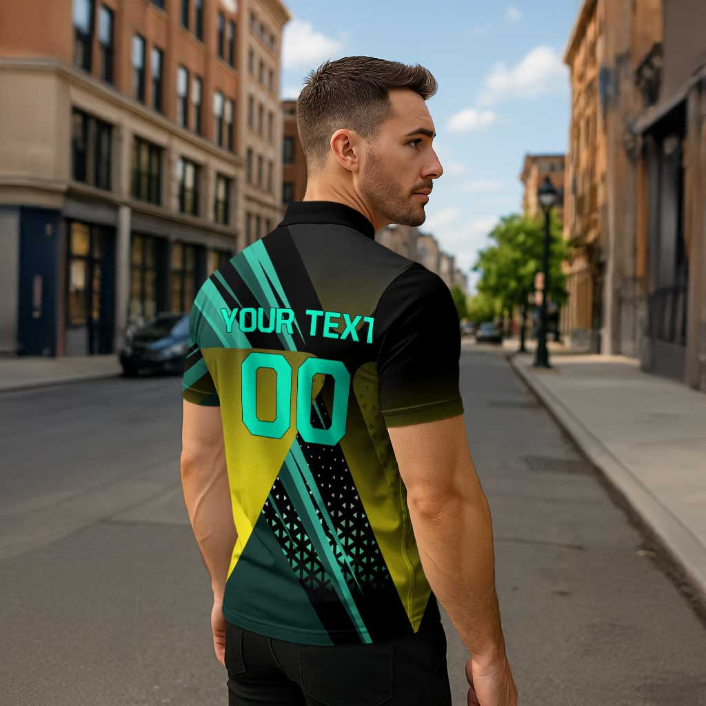 Personalized David Tennis Design Zipper Polo Shirt with a Cyberpunk Theme, Edgerunners Features Neon Green and Yellow Styling and a Powerful Pose
