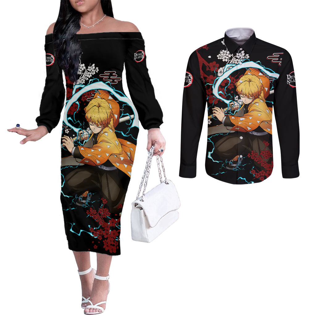 Zenitsu - Anime Japan Style Couples Matching Off The Shoulder Long Sleeve Dress and Long Sleeve Button Shirt