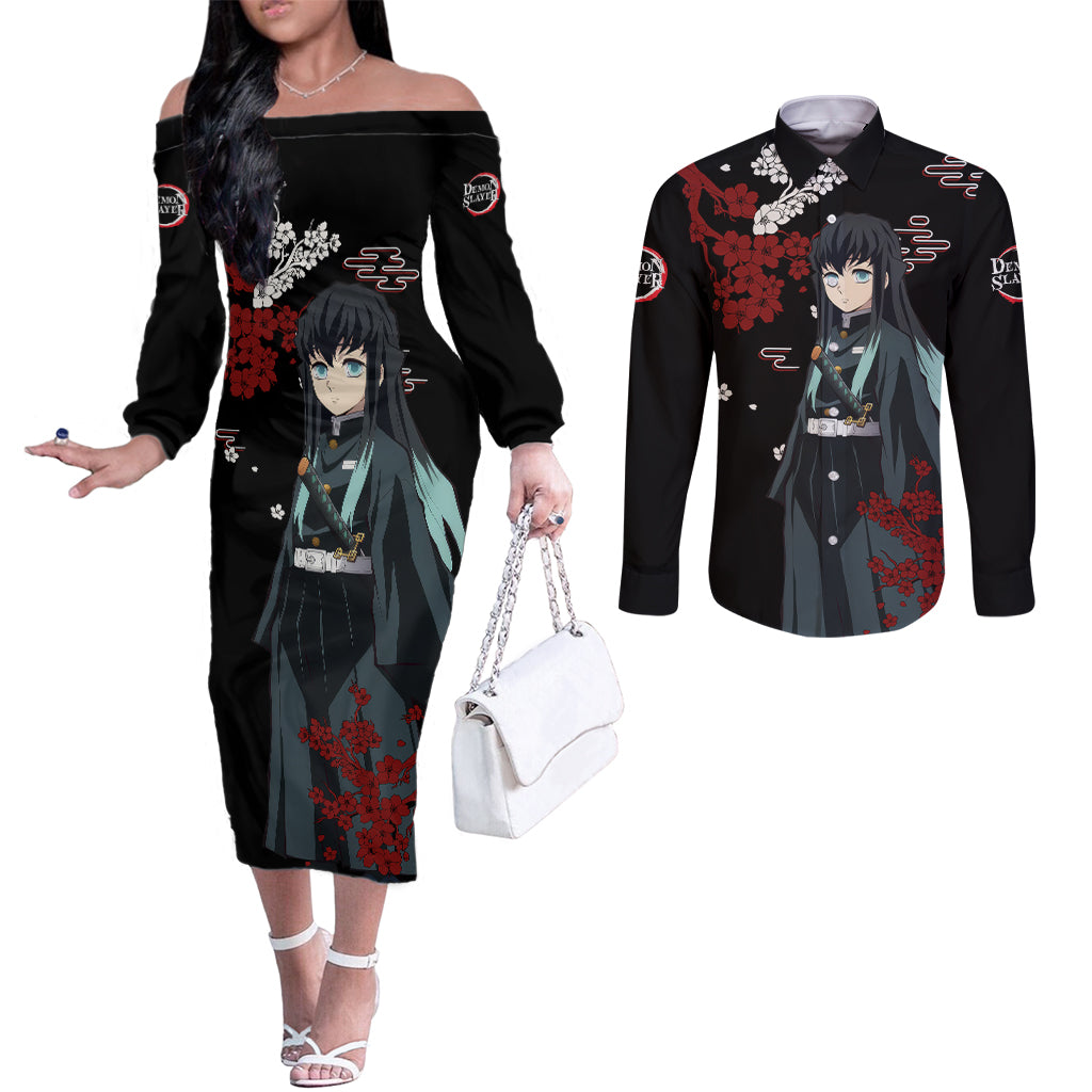 Muichiro Tokito - Japan Style Couples Matching Off The Shoulder Long Sleeve Dress and Long Sleeve Button Shirt