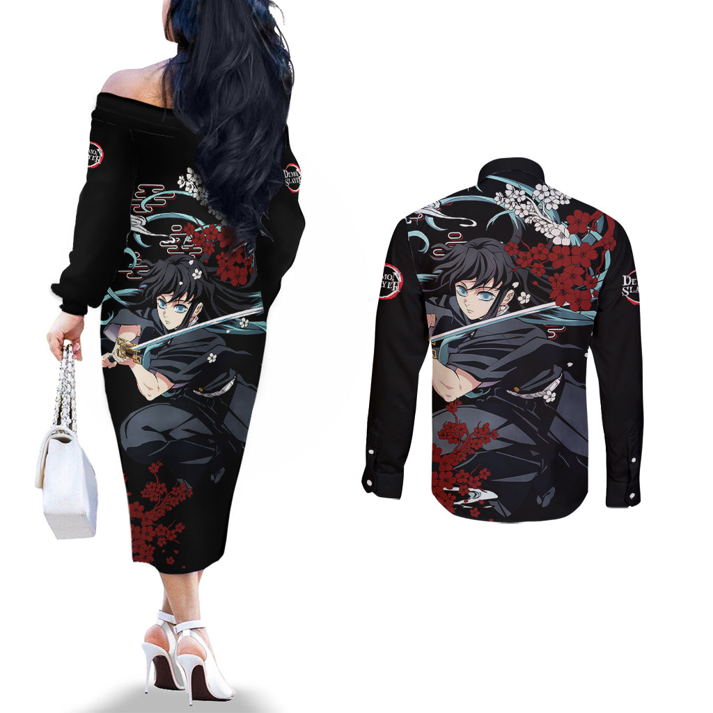 Muichiro Tokito - Japan Style Couples Matching Off The Shoulder Long Sleeve Dress and Long Sleeve Button Shirt