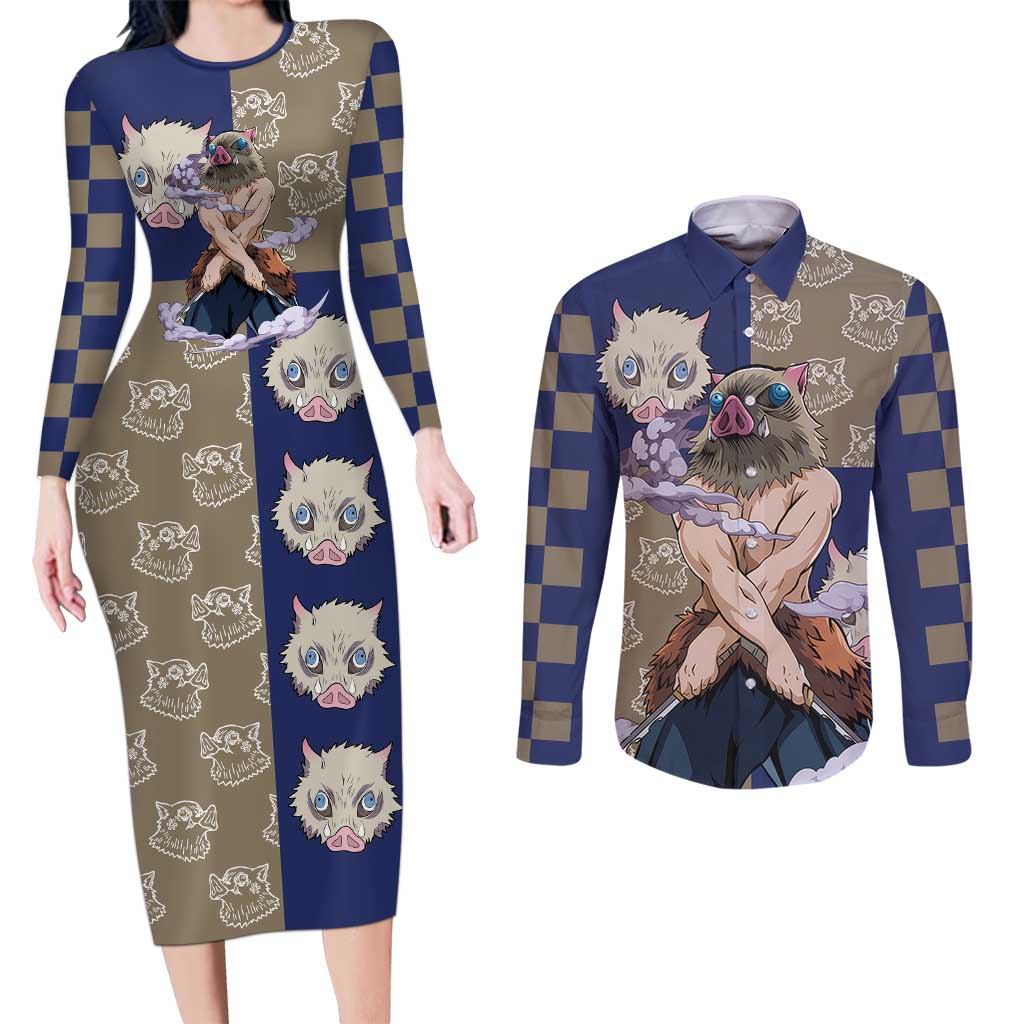 Hashibira Inosuke - Demon Slayer Couples Matching Long Sleeve Bodycon Dress and Long Sleeve Button Shirt Anime Style