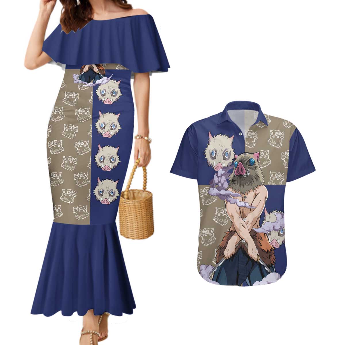 Hashibira Inosuke - Demon Slayer Couples Matching Mermaid Dress and Hawaiian Shirt Anime Style