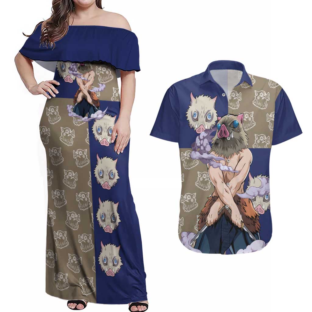 Hashibira Inosuke - Demon Slayer Couples Matching Off Shoulder Maxi Dress and Hawaiian Shirt Anime Style