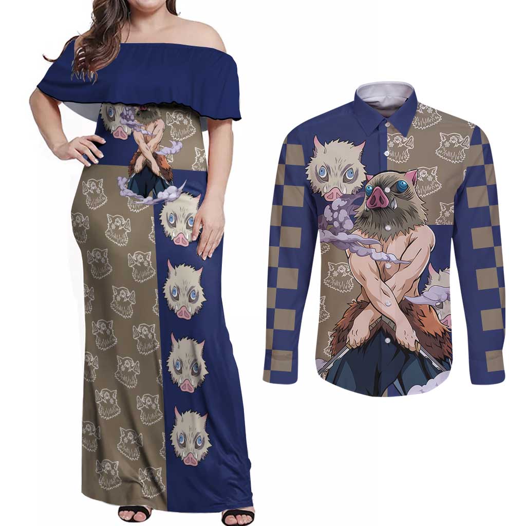 Hashibira Inosuke - Demon Slayer Couples Matching Off Shoulder Maxi Dress and Long Sleeve Button Shirt Anime Style
