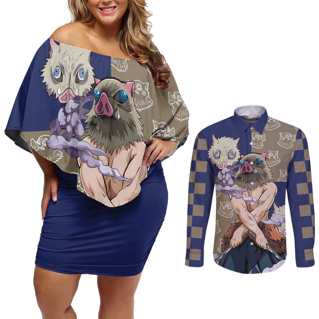 Hashibira Inosuke - Demon Slayer Couples Matching Off Shoulder Short Dress and Long Sleeve Button Shirt Anime Style