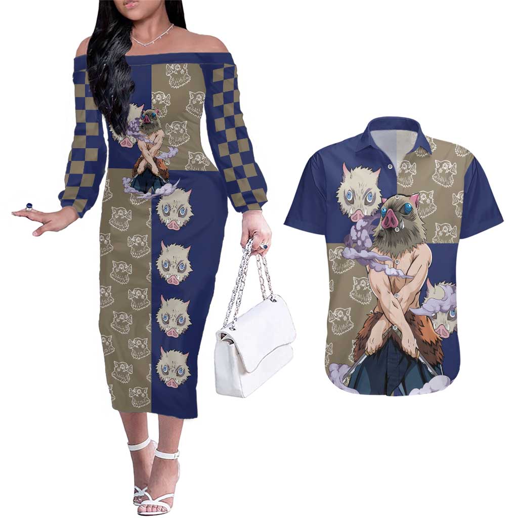 Hashibira Inosuke - Demon Slayer Couples Matching Off The Shoulder Long Sleeve Dress and Hawaiian Shirt Anime Style