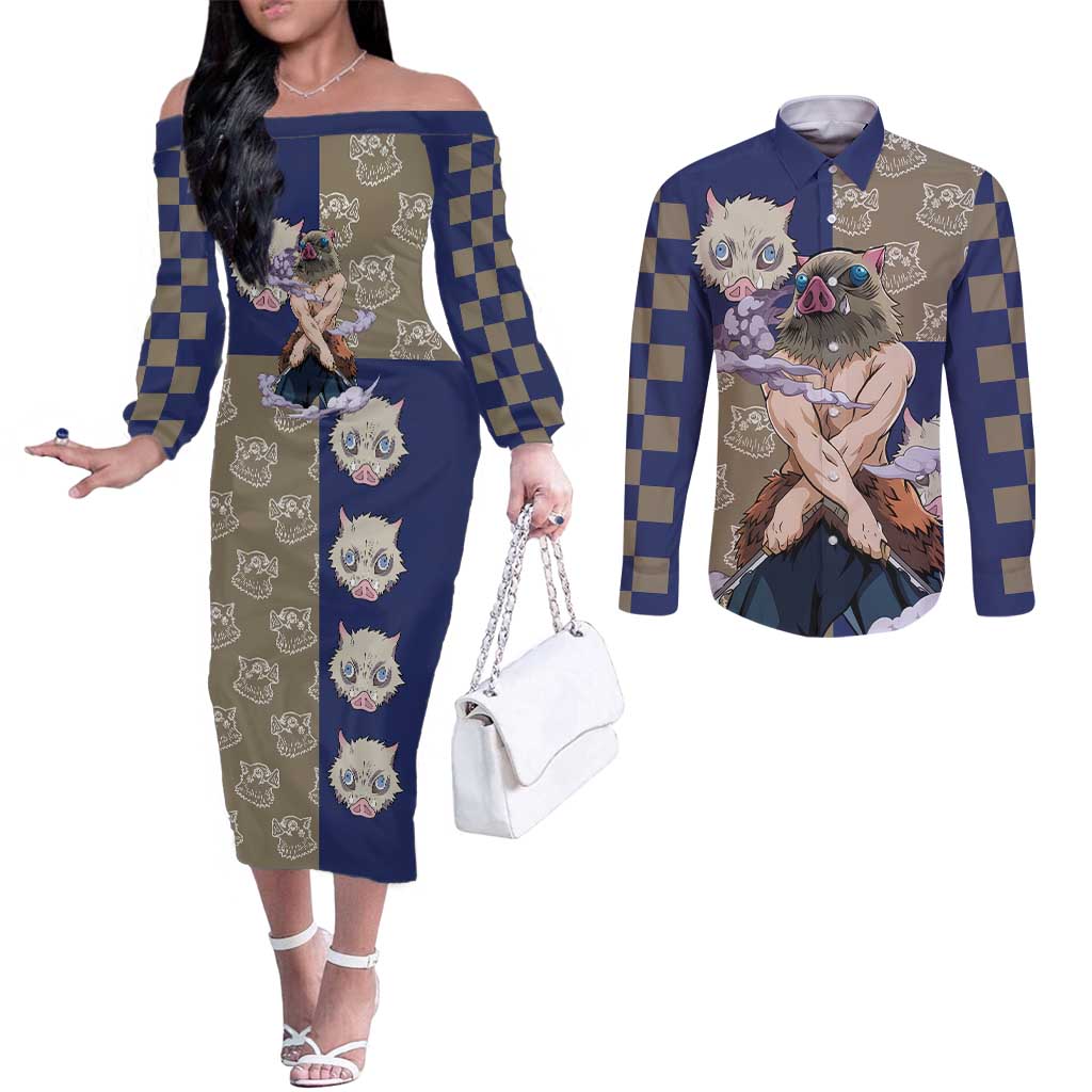Hashibira Inosuke - Demon Slayer Couples Matching Off The Shoulder Long Sleeve Dress and Long Sleeve Button Shirt Anime Style