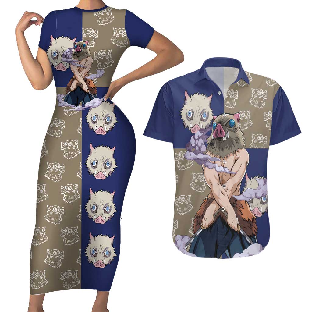 Hashibira Inosuke - Demon Slayer Couples Matching Short Sleeve Bodycon Dress and Hawaiian Shirt Anime Style