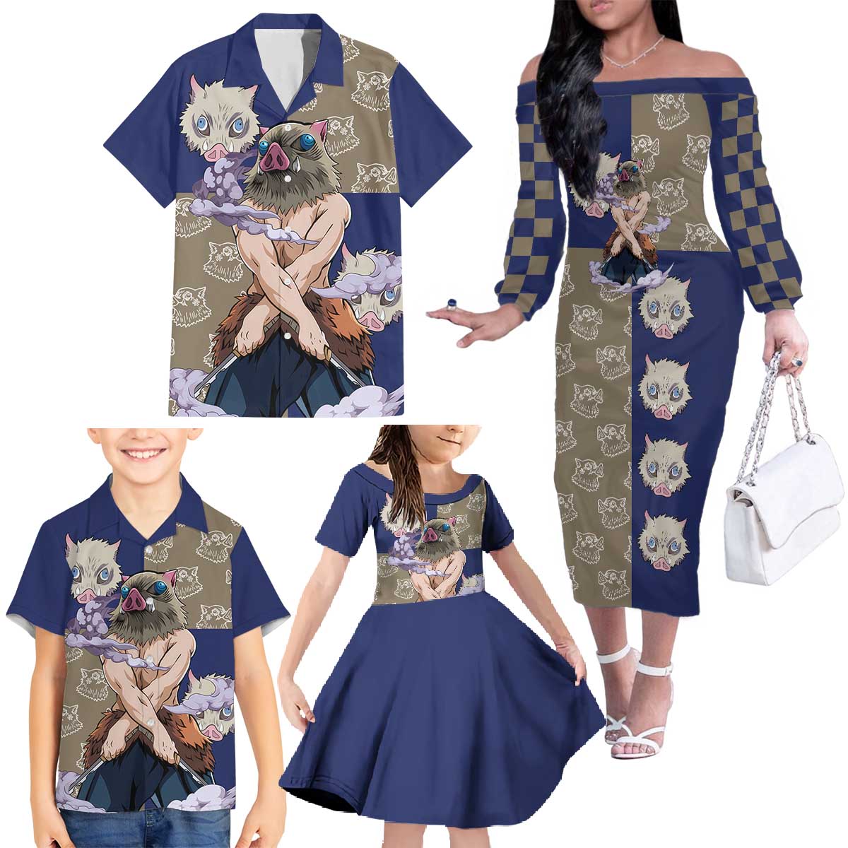 Hashibira Inosuke - Demon Slayer Family Matching Off The Shoulder Long Sleeve Dress and Hawaiian Shirt Anime Style
