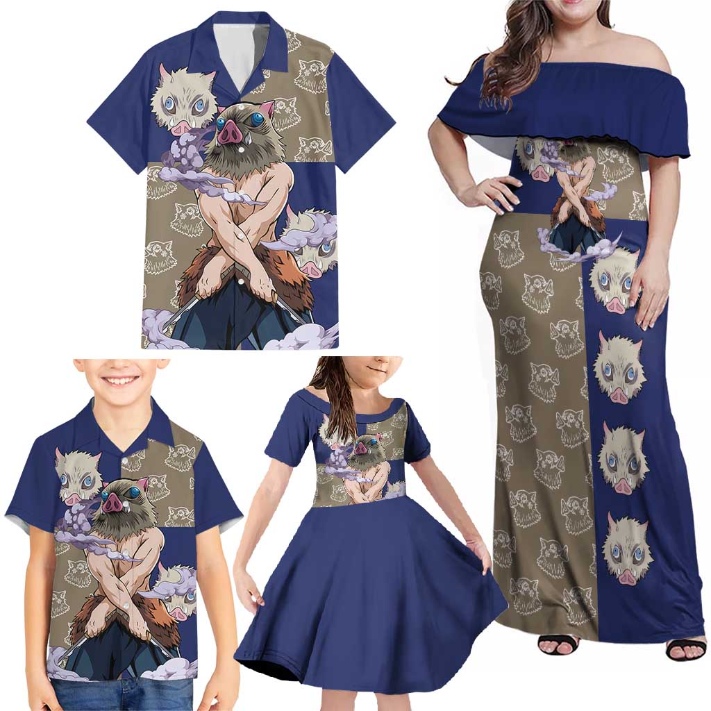 Hashibira Inosuke - Demon Slayer Family Matching Off Shoulder Maxi Dress and Hawaiian Shirt Anime Style