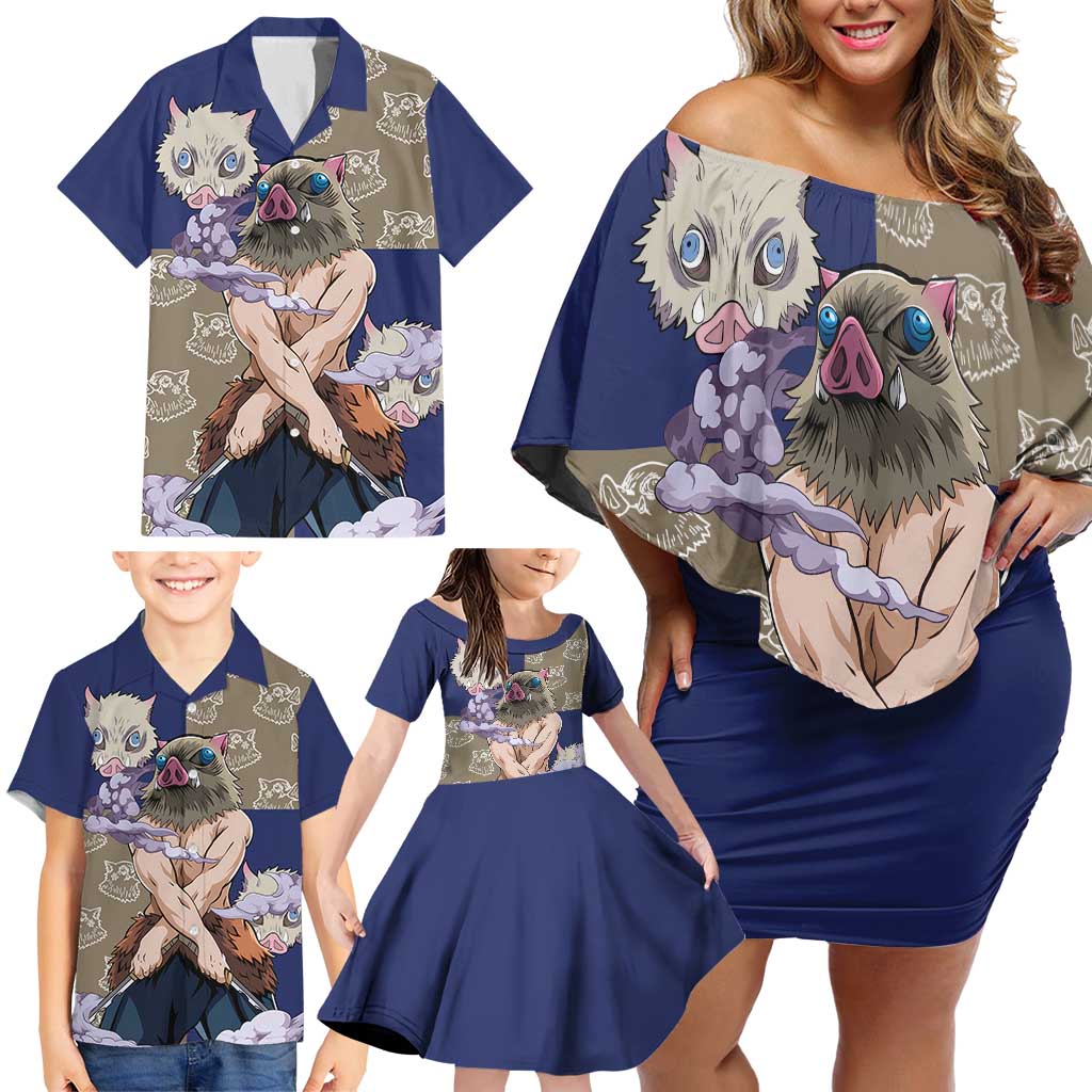 Hashibira Inosuke - Demon Slayer Family Matching Off Shoulder Short Dress and Hawaiian Shirt Anime Style