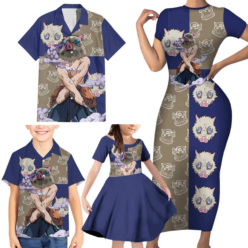 Hashibira Inosuke - Demon Slayer Family Matching Short Sleeve Bodycon Dress and Hawaiian Shirt Anime Style