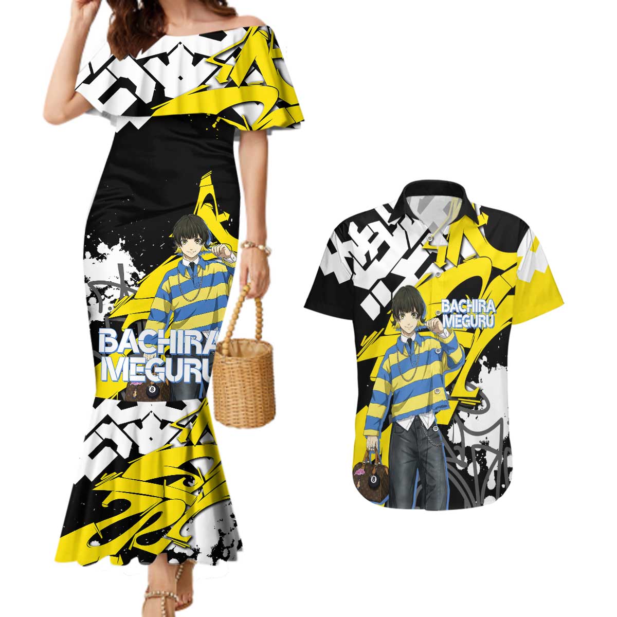 Bachira Meguru Blue Lock Couples Matching Mermaid Dress and Hawaiian Shirt Graffiti Street Anime Style