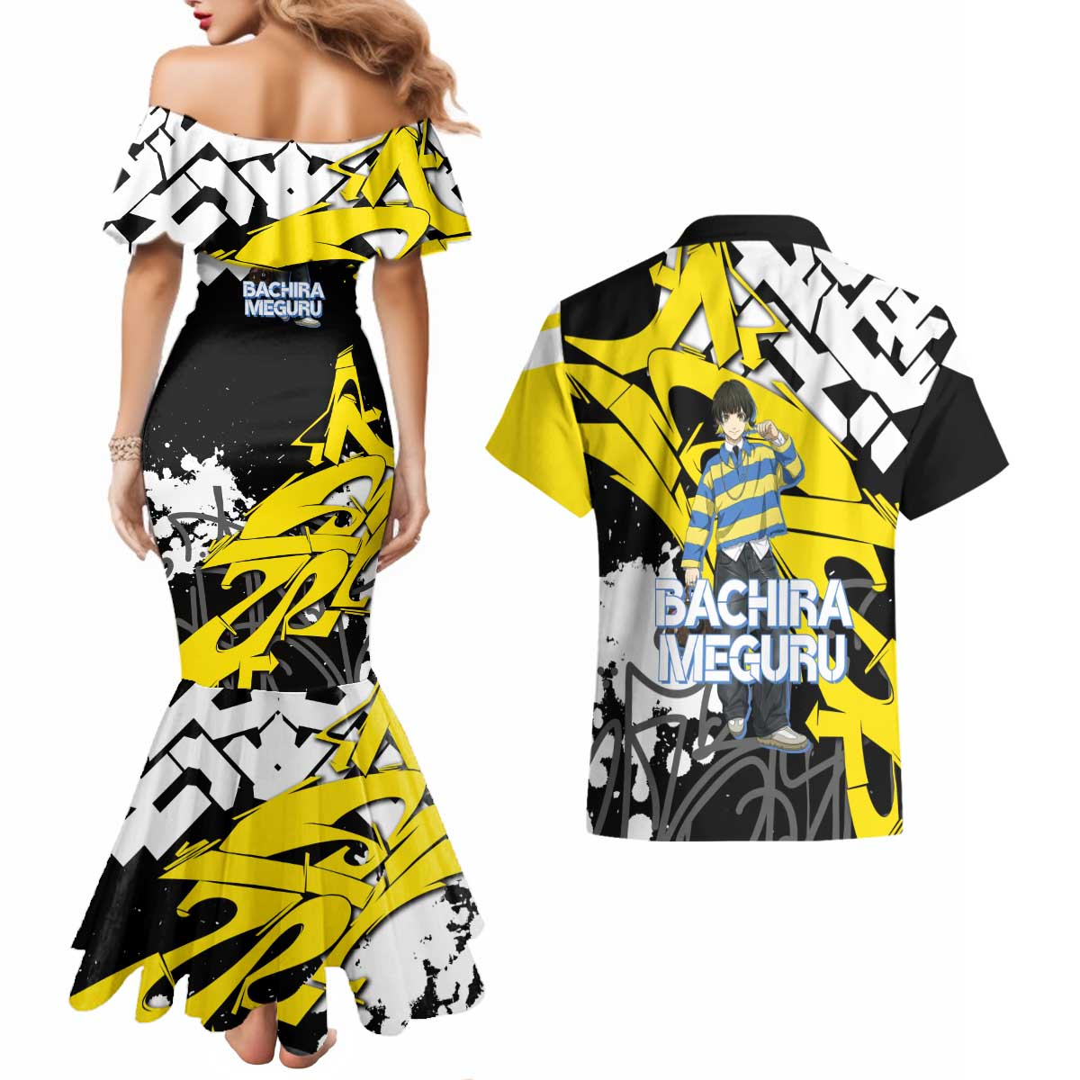 Bachira Meguru Blue Lock Couples Matching Mermaid Dress and Hawaiian Shirt Graffiti Street Anime Style