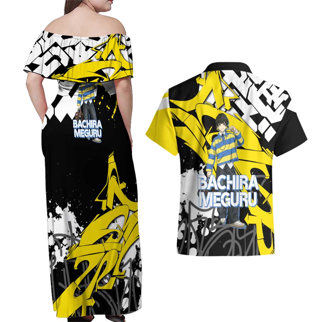 Bachira Meguru Blue Lock Couples Matching Off Shoulder Maxi Dress and Hawaiian Shirt Graffiti Street Anime Style