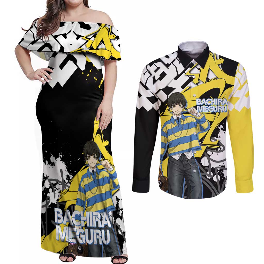 Bachira Meguru Blue Lock Couples Matching Off Shoulder Maxi Dress and Long Sleeve Button Shirt Graffiti Street Anime Style