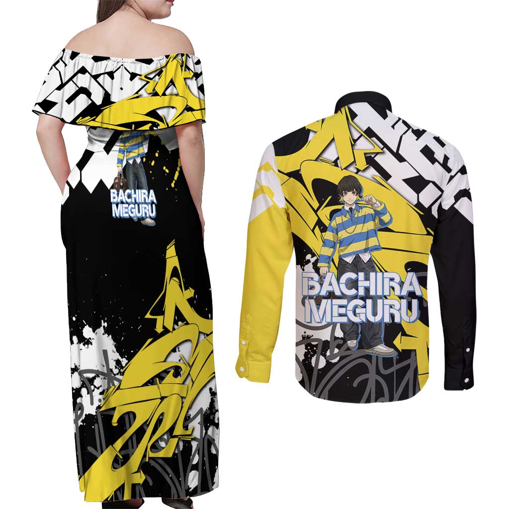 Bachira Meguru Blue Lock Couples Matching Off Shoulder Maxi Dress and Long Sleeve Button Shirt Graffiti Street Anime Style
