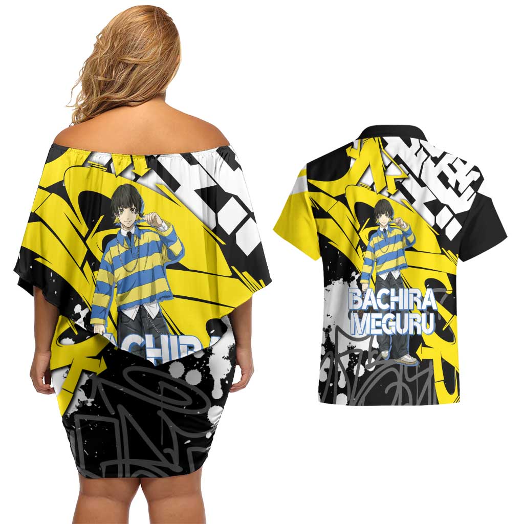 Bachira Meguru Blue Lock Couples Matching Off Shoulder Short Dress and Hawaiian Shirt Graffiti Street Anime Style