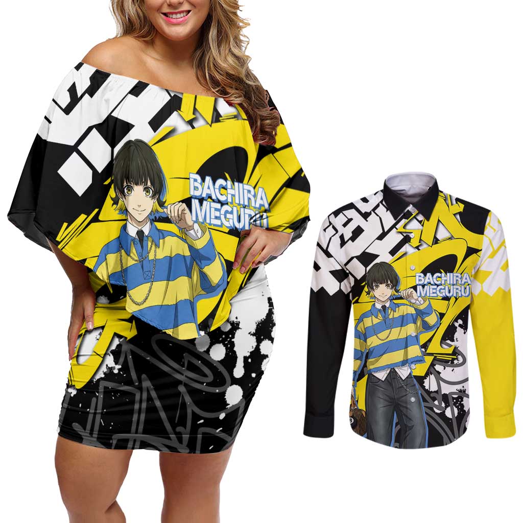 Bachira Meguru Blue Lock Couples Matching Off Shoulder Short Dress and Long Sleeve Button Shirt Graffiti Street Anime Style