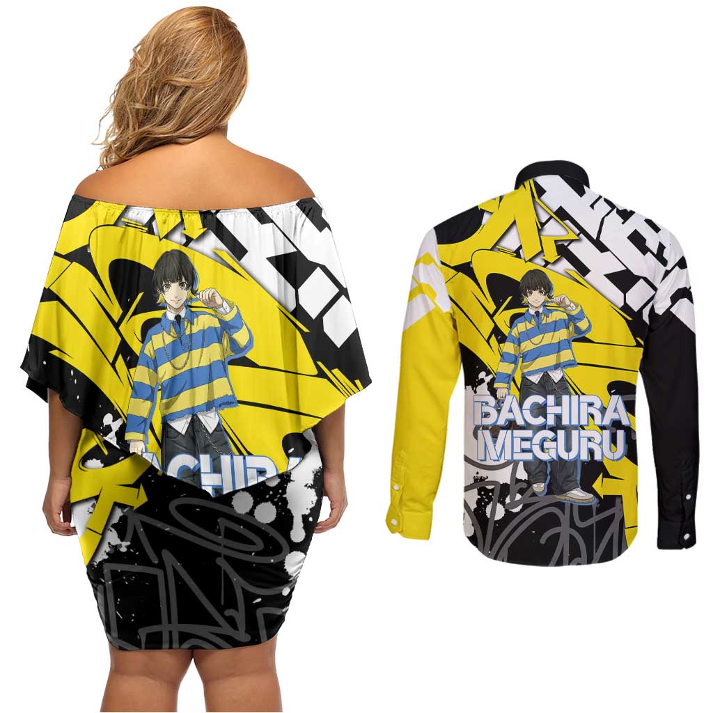 Bachira Meguru Blue Lock Couples Matching Off Shoulder Short Dress and Long Sleeve Button Shirt Graffiti Street Anime Style