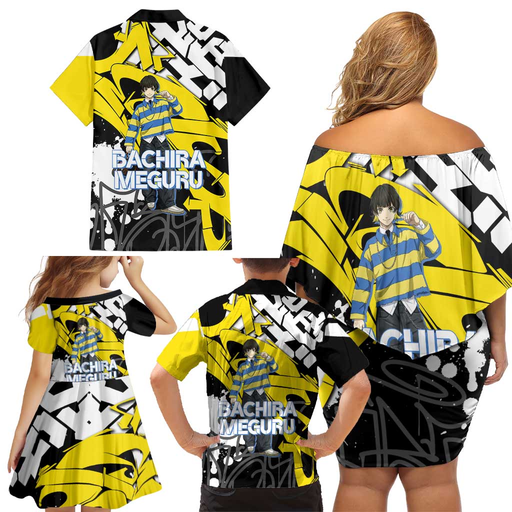Bachira Meguru Blue Lock Family Matching Off Shoulder Short Dress and Hawaiian Shirt Graffiti Street Anime Style