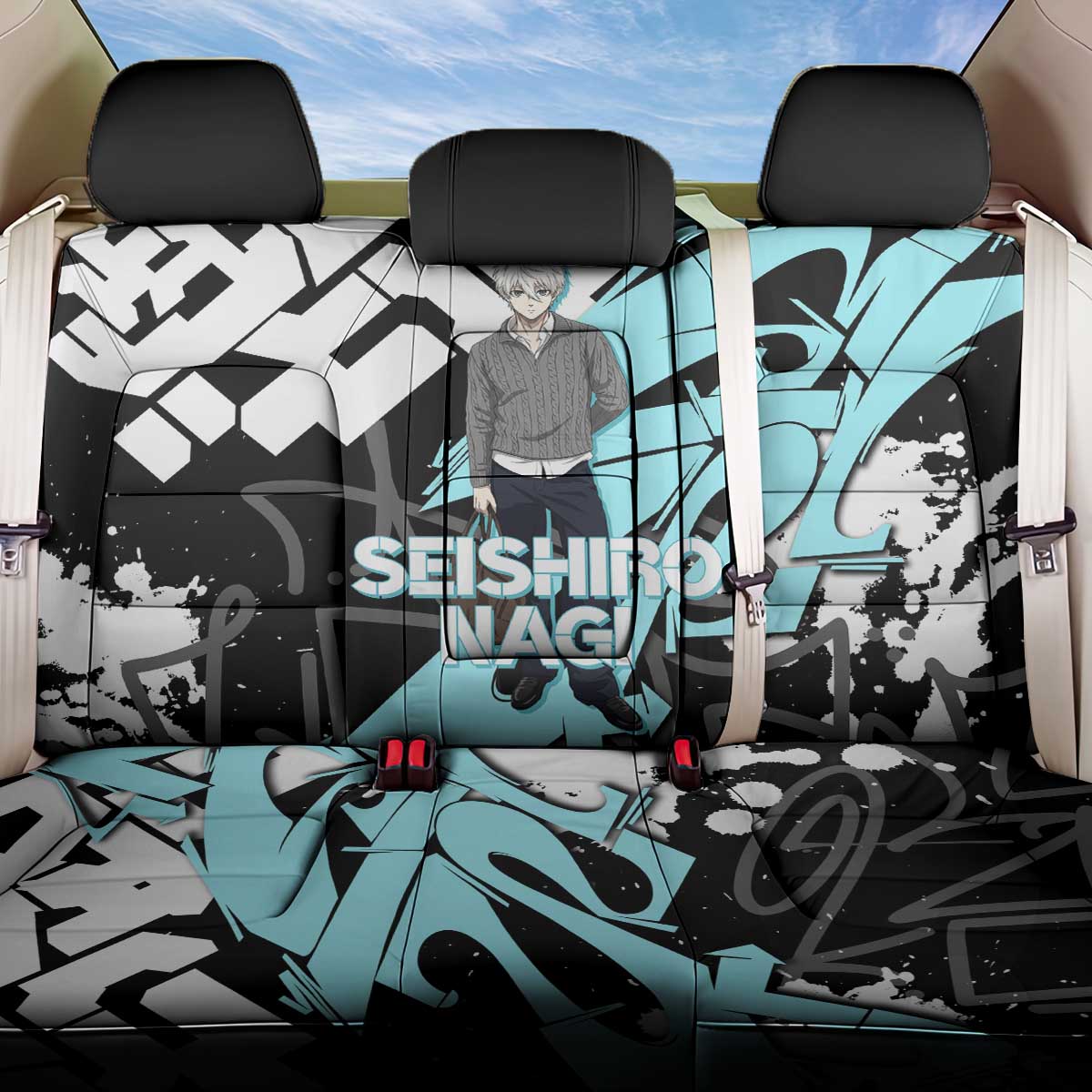 Seishiro Nagi Blue Lock Back Car Seat Cover Light Blue Graffiti Anime Style