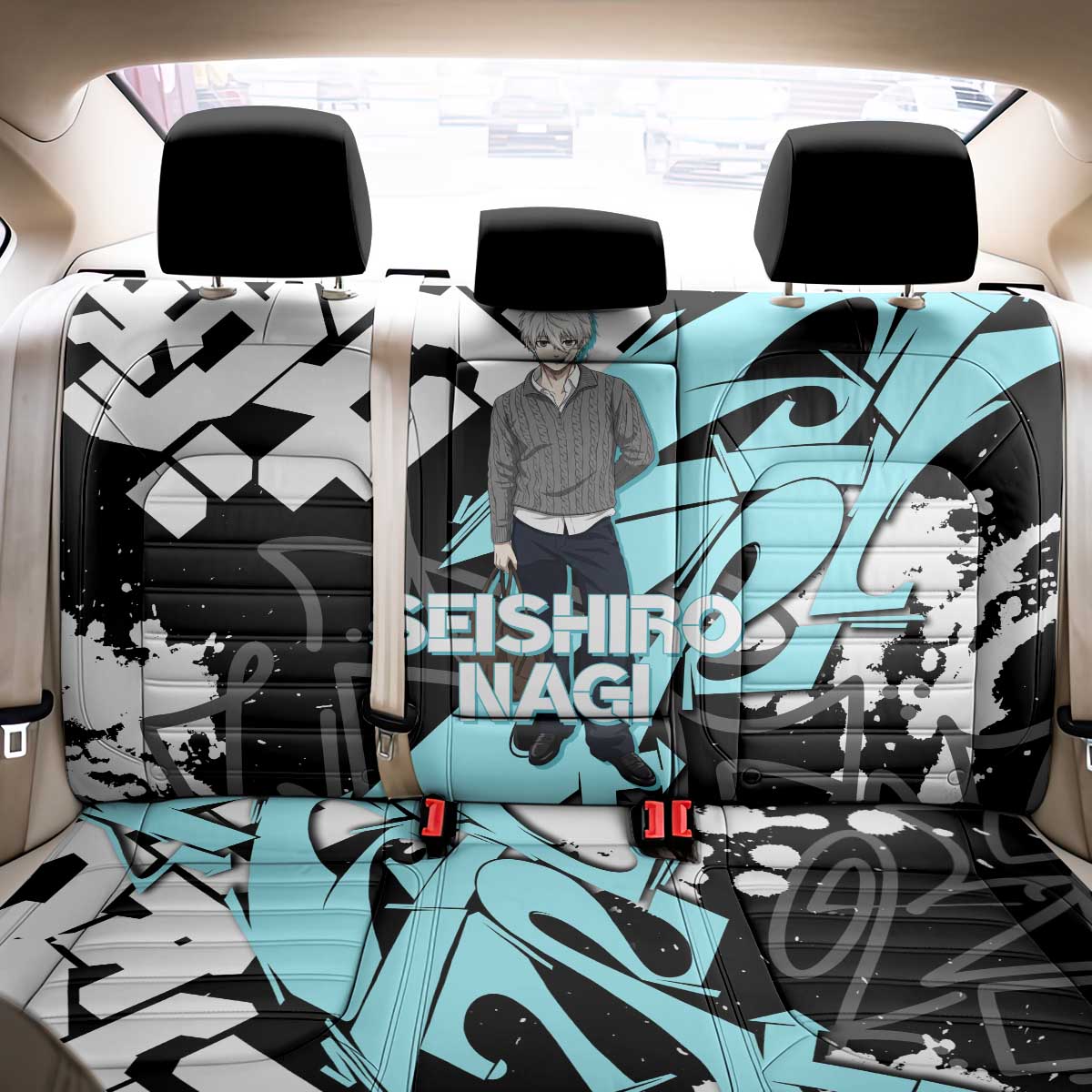 Seishiro Nagi Blue Lock Back Car Seat Cover Light Blue Graffiti Anime Style