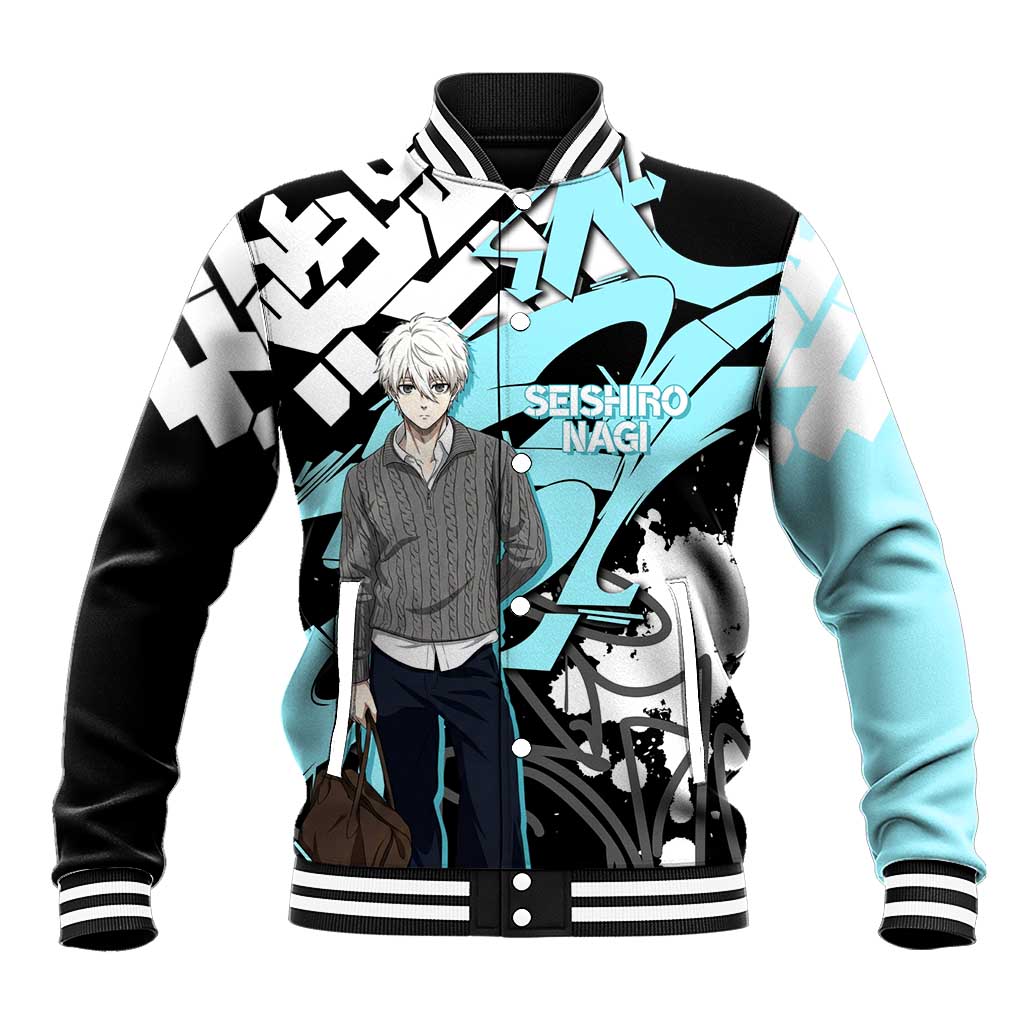 Seishiro Nagi Blue Lock Baseball Jacket Light Blue Graffiti Anime Style