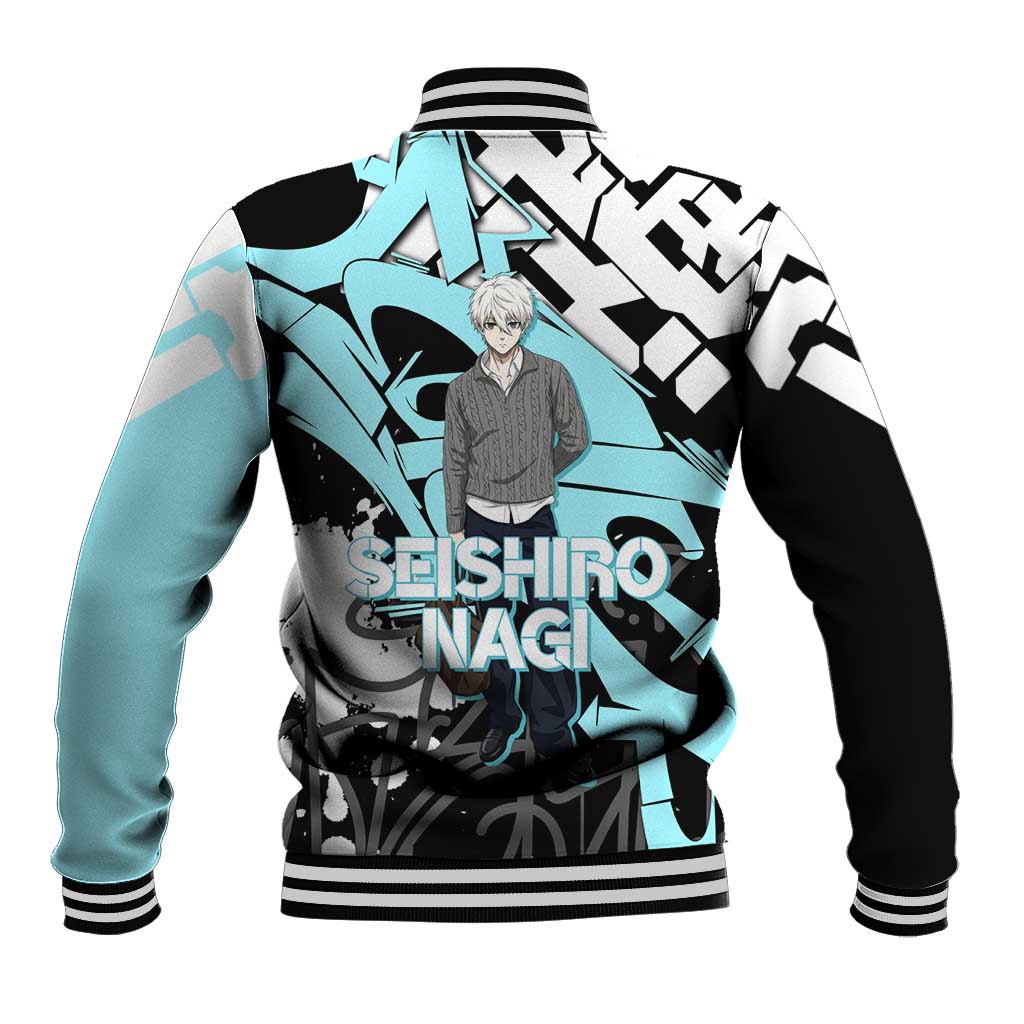 Seishiro Nagi Blue Lock Baseball Jacket Light Blue Graffiti Anime Style