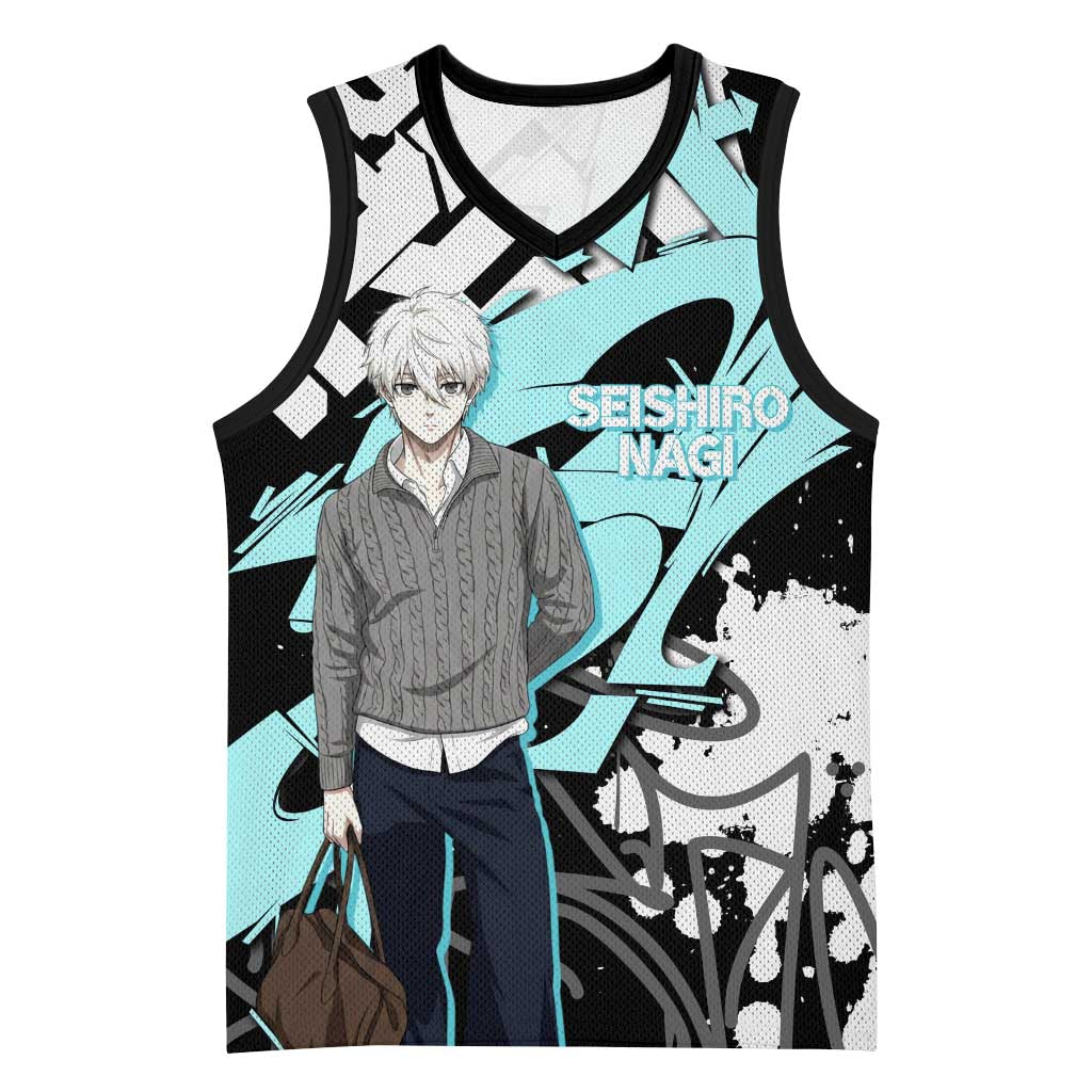 Seishiro Nagi Blue Lock Basketball Jersey Light Blue Graffiti Anime Style