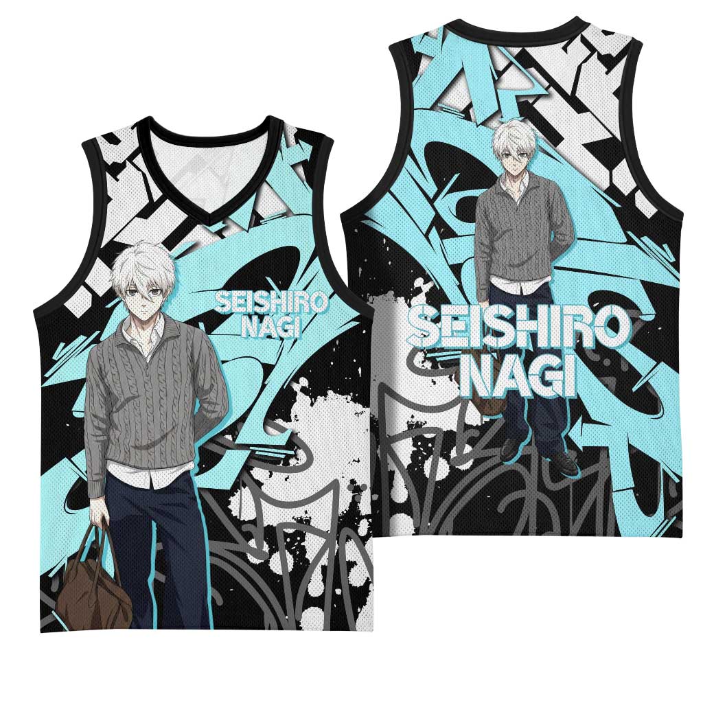 Seishiro Nagi Blue Lock Basketball Jersey Light Blue Graffiti Anime Style