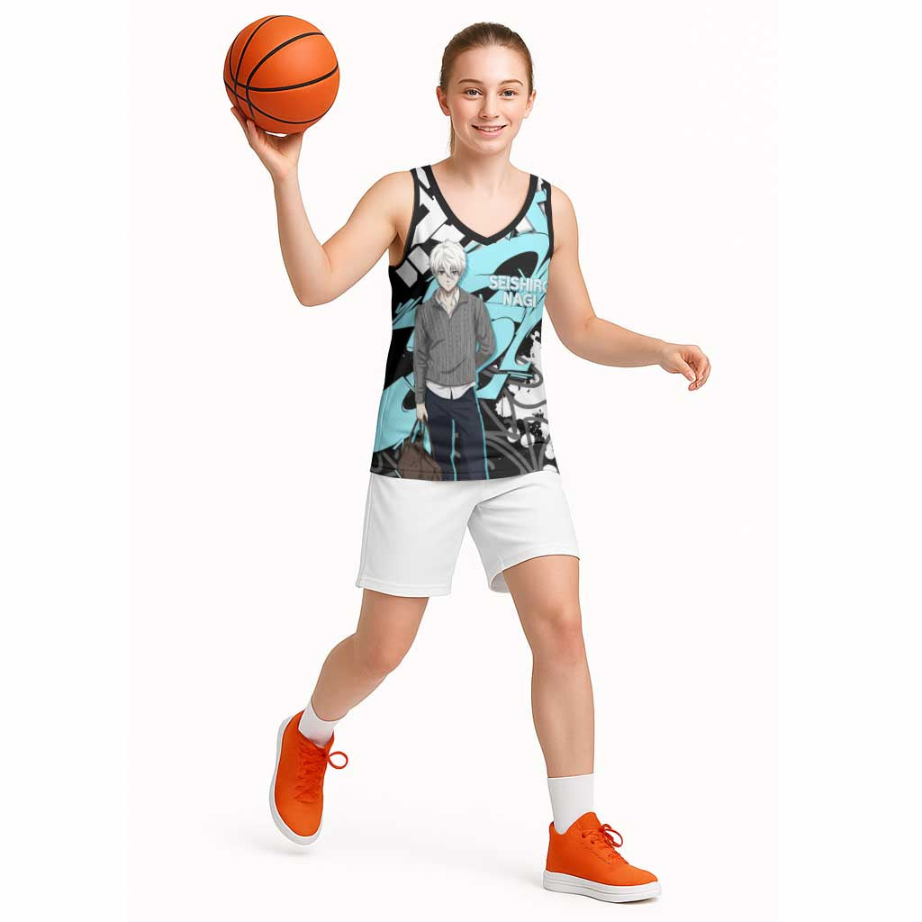 Seishiro Nagi Blue Lock Basketball Jersey Light Blue Graffiti Anime Style