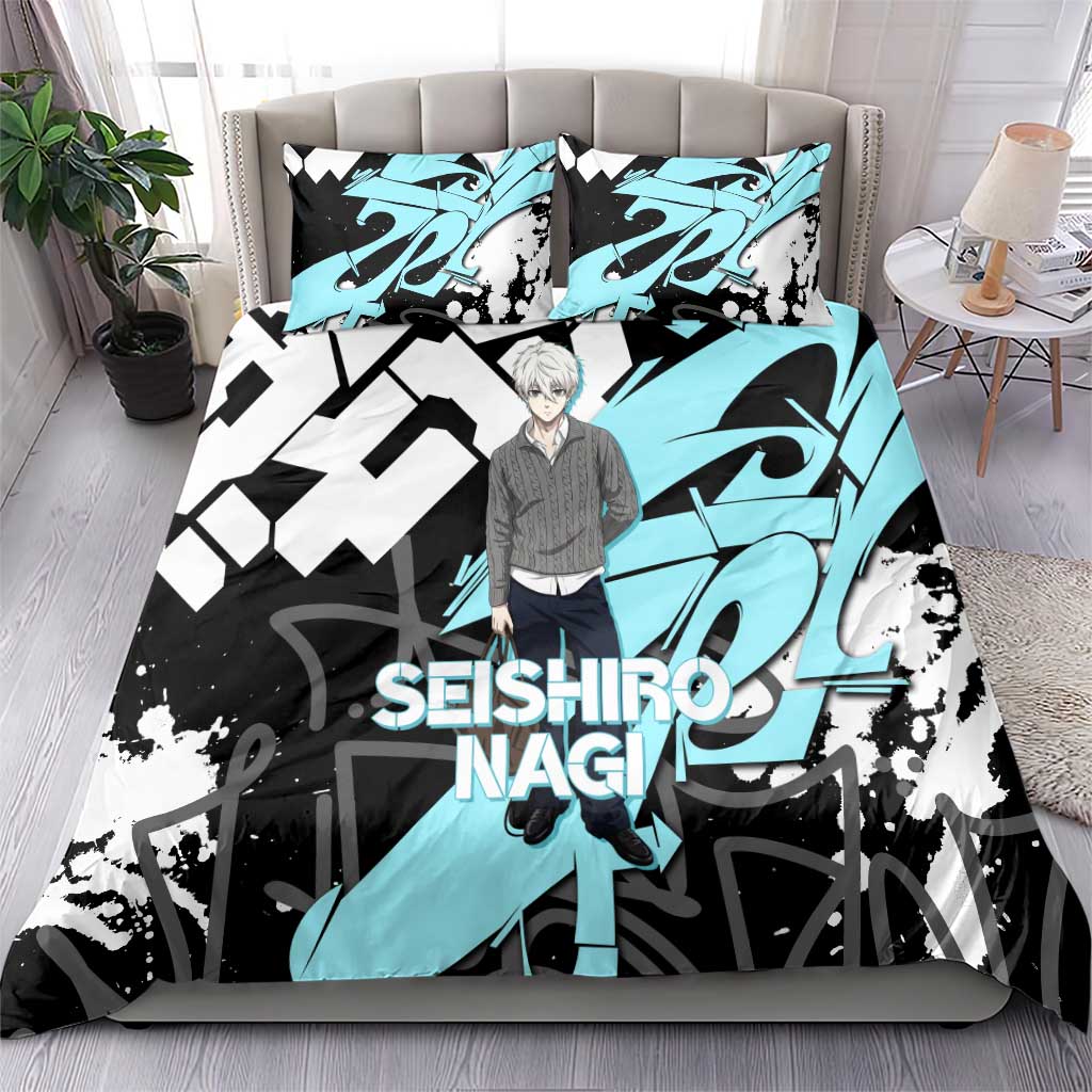 Seishiro Nagi Blue Lock Bedding Set Light Blue Graffiti Anime Style