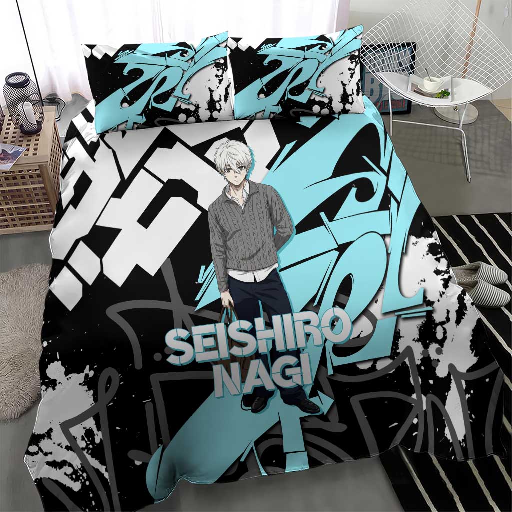 Seishiro Nagi Blue Lock Bedding Set Light Blue Graffiti Anime Style