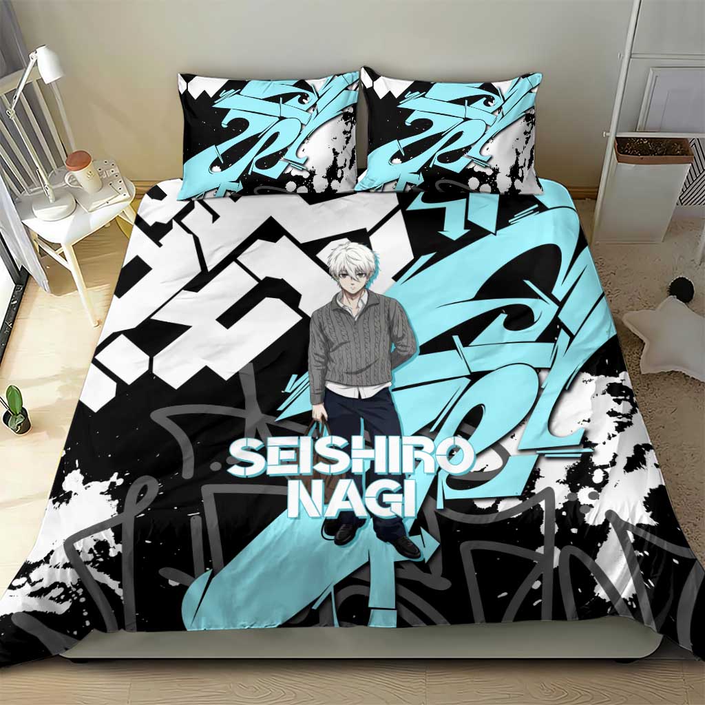 Seishiro Nagi Blue Lock Bedding Set Light Blue Graffiti Anime Style