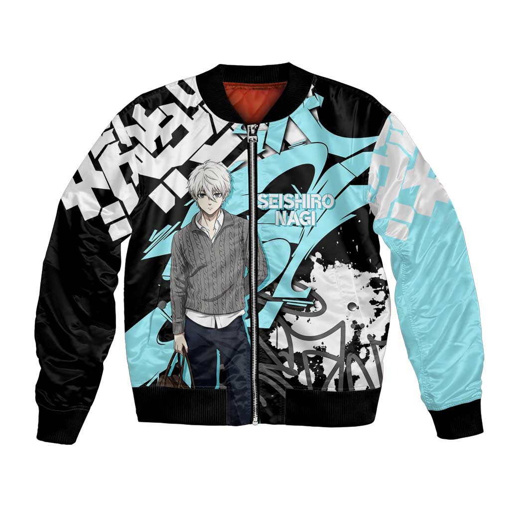 Seishiro Nagi Blue Lock Bomber Jacket Light Blue Graffiti Anime Style