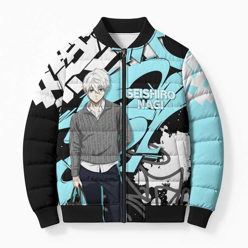 Seishiro Nagi Blue Lock Bomber Puffer Jacket Light Blue Graffiti Anime Style