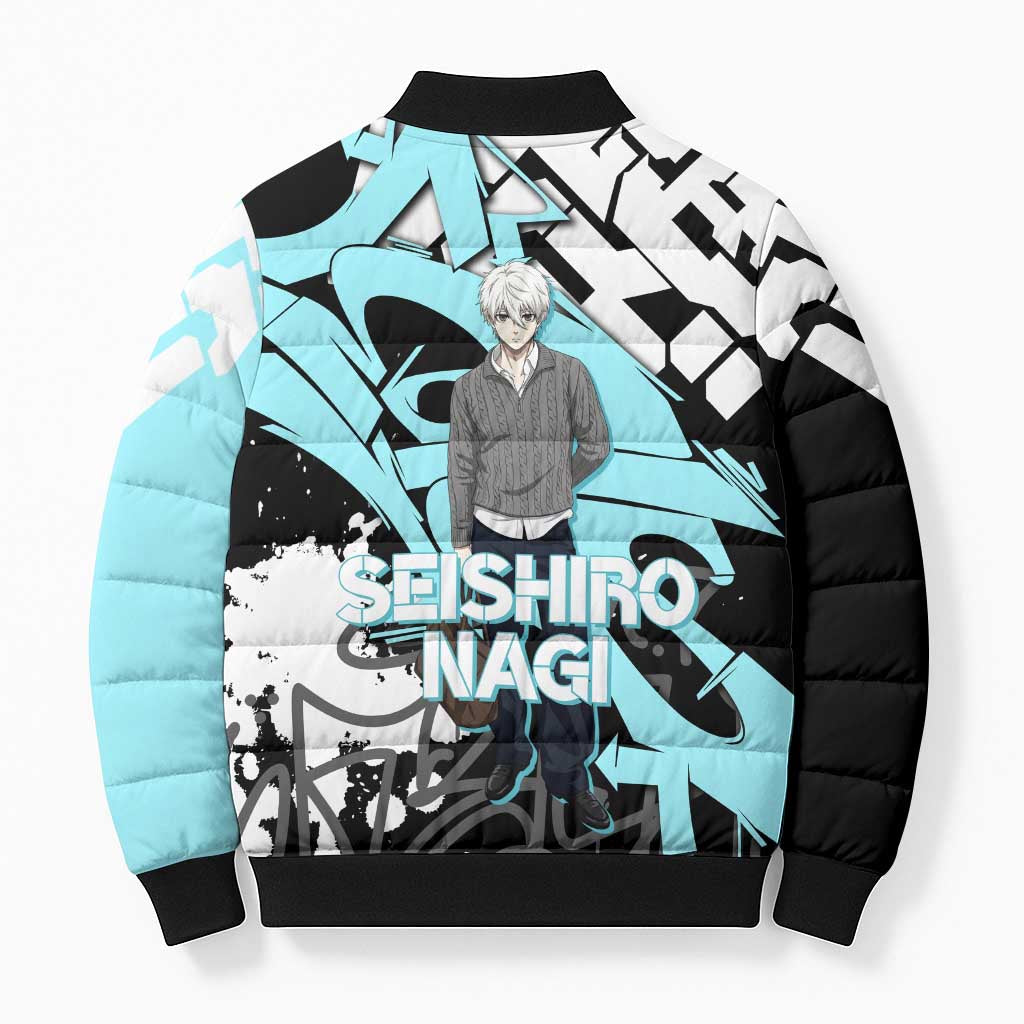 Seishiro Nagi Blue Lock Bomber Puffer Jacket Light Blue Graffiti Anime Style
