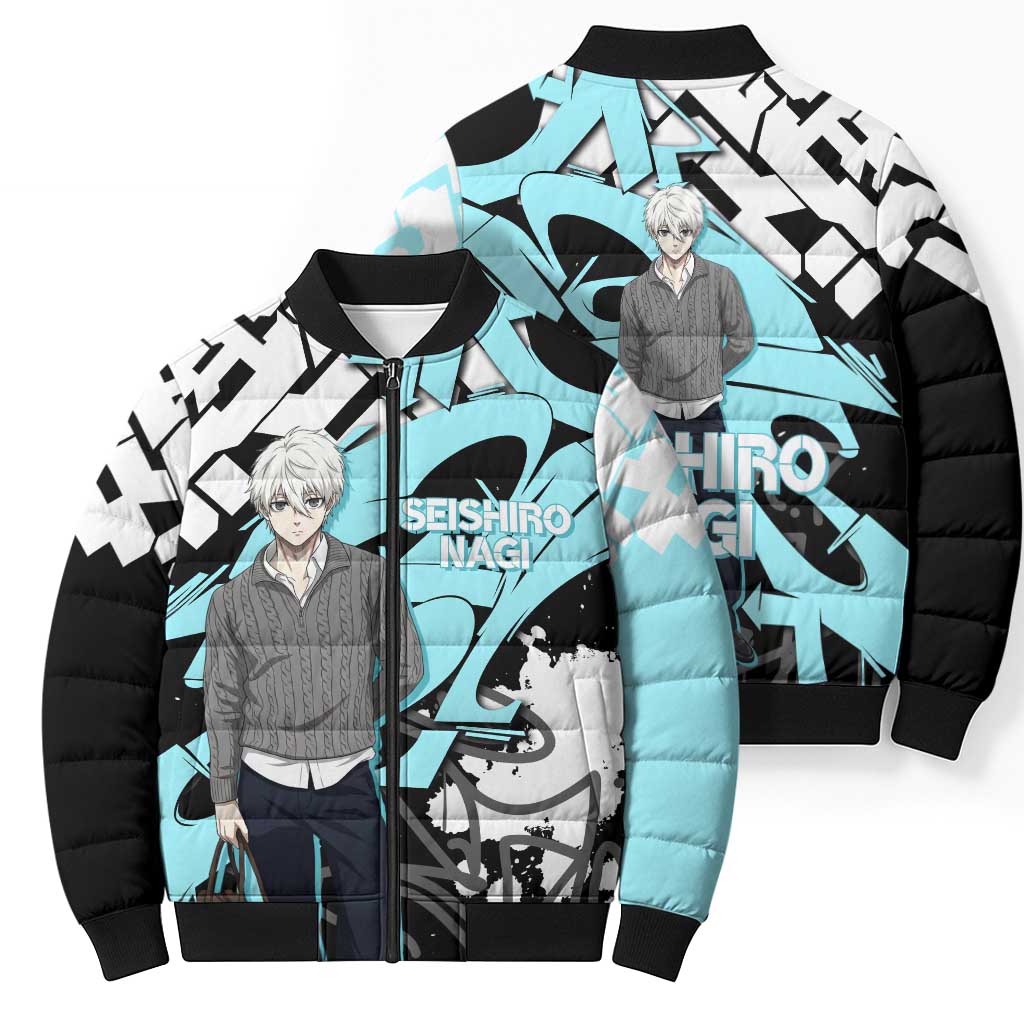 Seishiro Nagi Blue Lock Bomber Puffer Jacket Light Blue Graffiti Anime Style