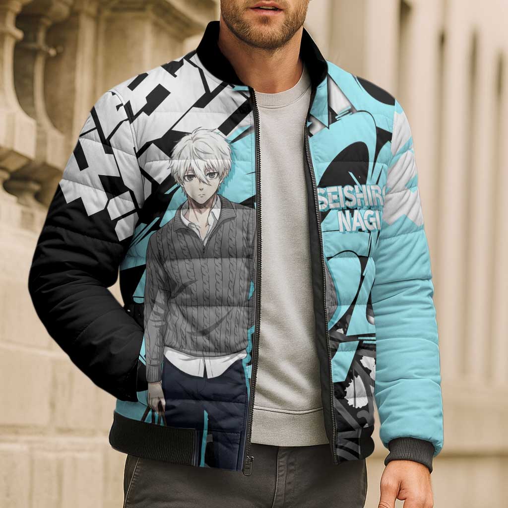 Seishiro Nagi Blue Lock Bomber Puffer Jacket Light Blue Graffiti Anime Style